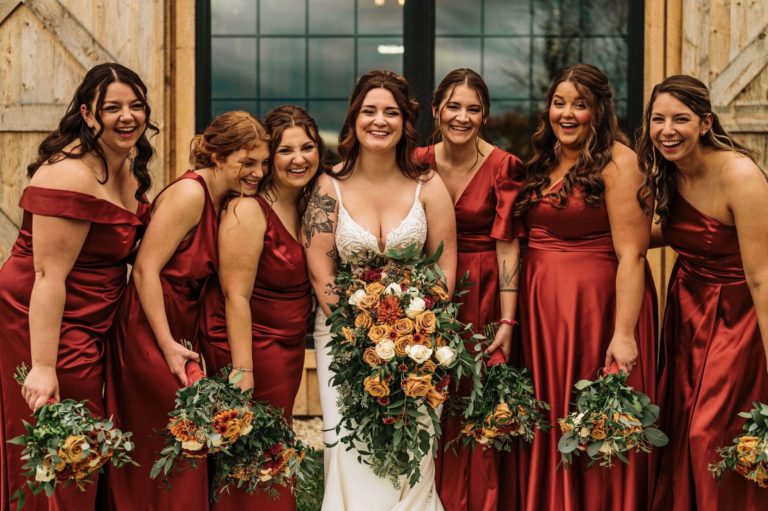 Bridal Party with Bride, all holding bouquets