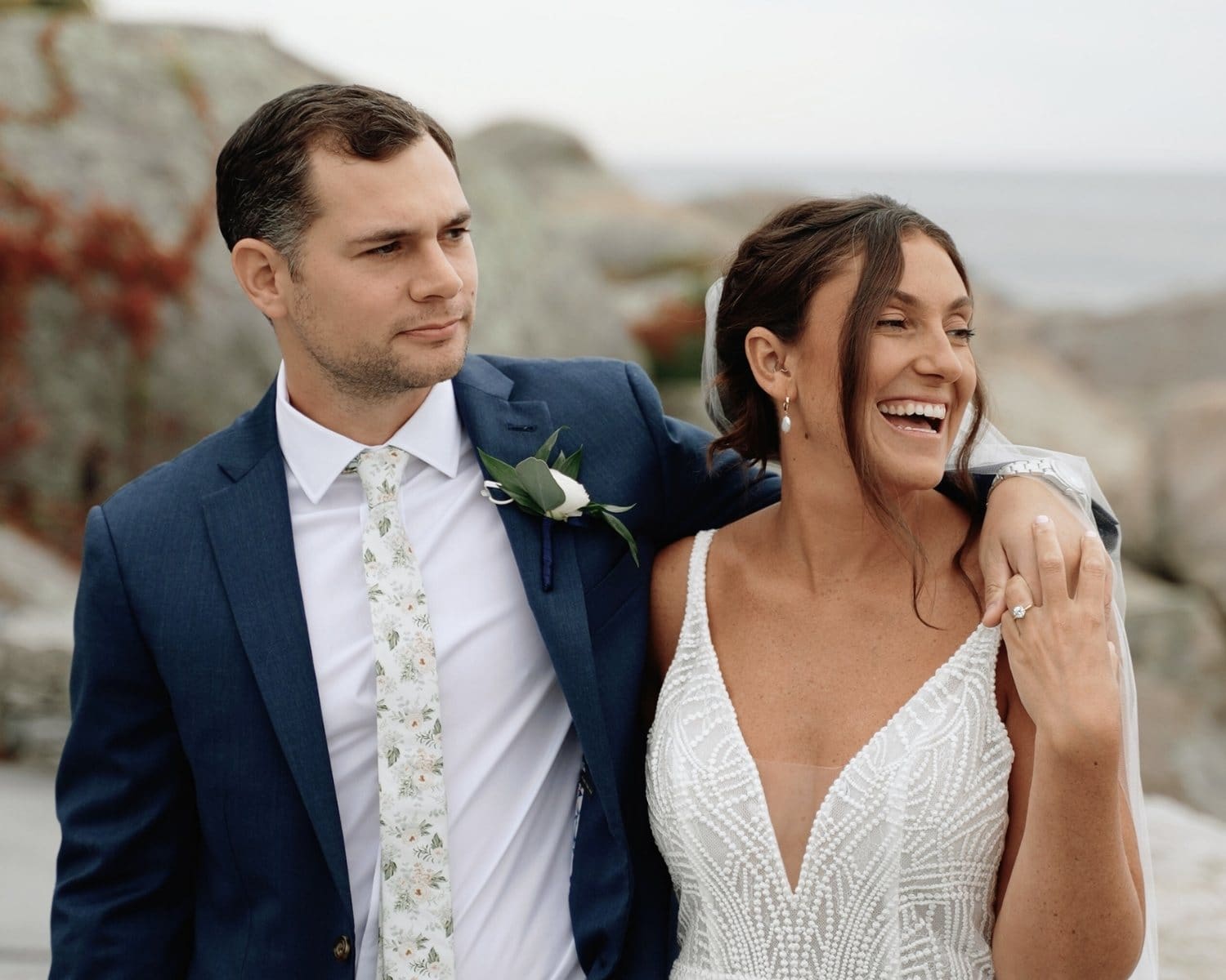 Bride and groom with beach setting