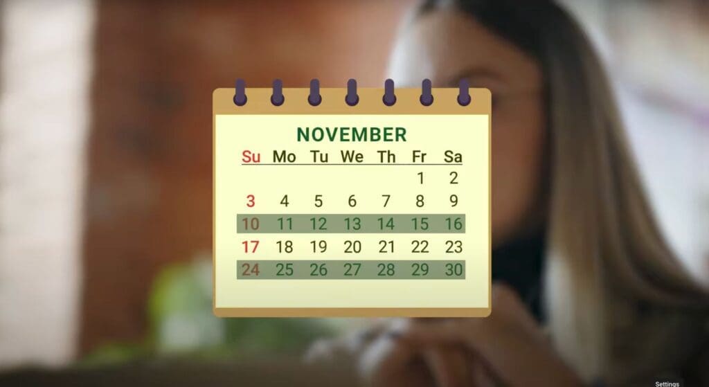 November Calendar -Snippet from WedEverything's Video Lesson 3