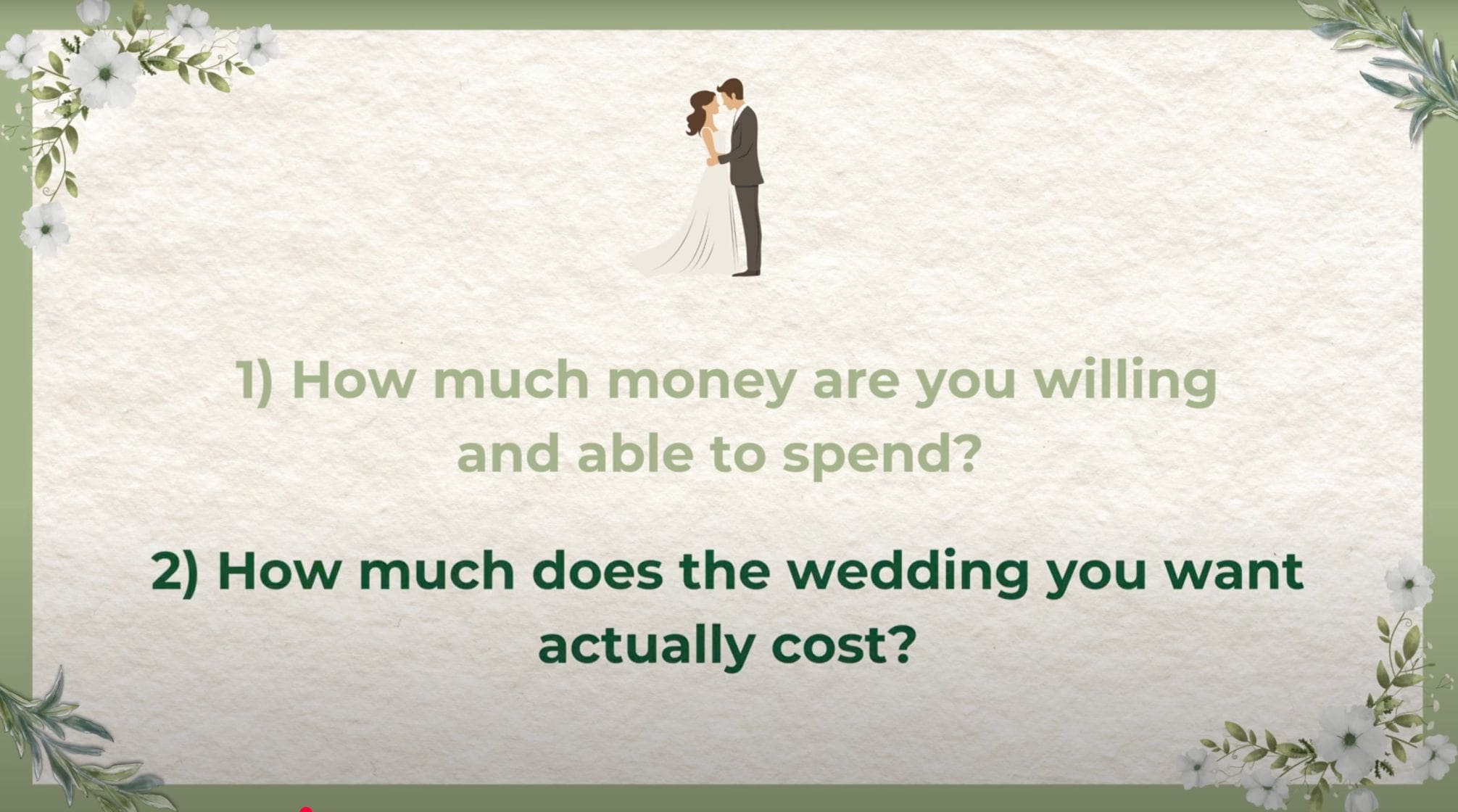 Couples need to ask themselves how much money are they willing to spend and how much is the actual cost of the wedding you want?