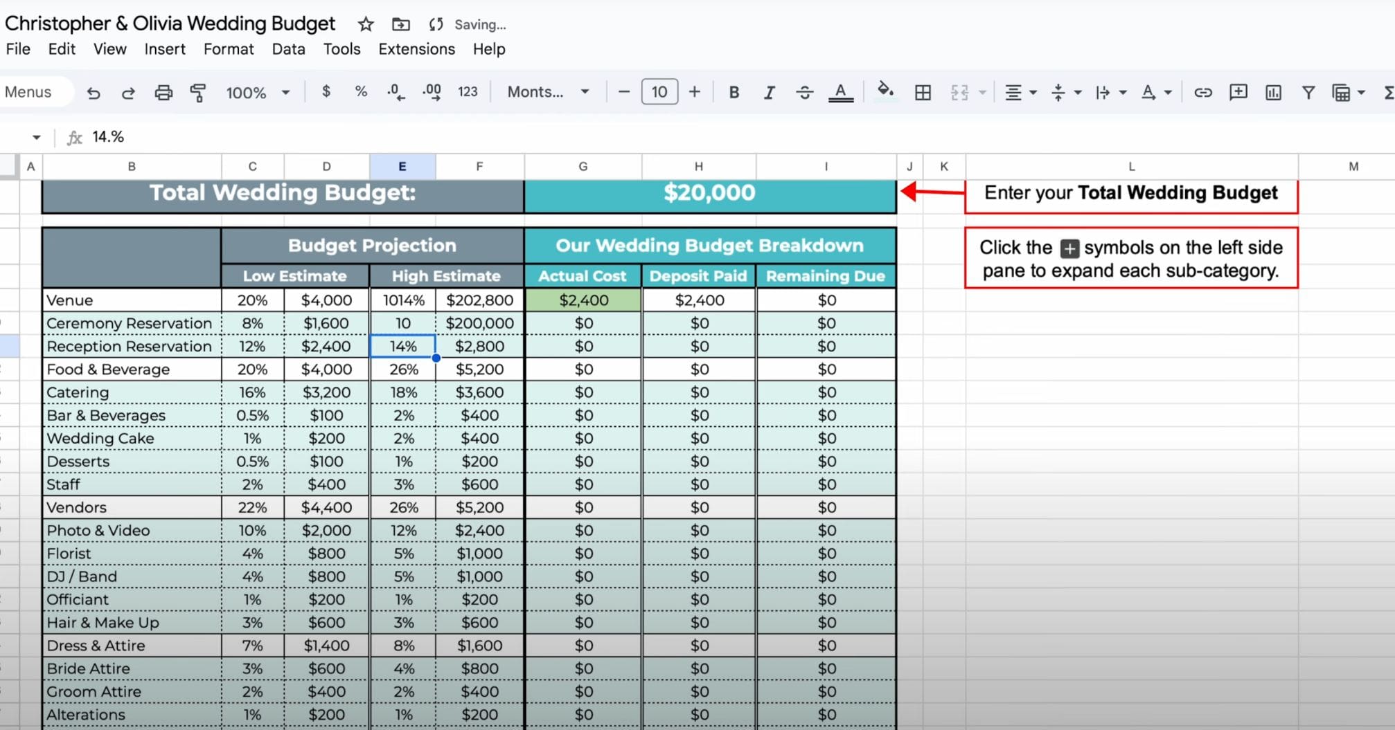 Wedding Budget Examples - Budgeting $20,000 Using WedEverything's wedding budget google sheet template